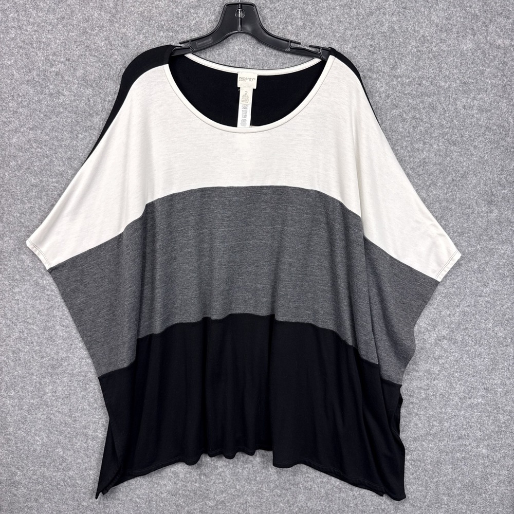 Zenergy by Chicos Dominique Colorblock Tunic Top Size 2 Black White Gray Dolman